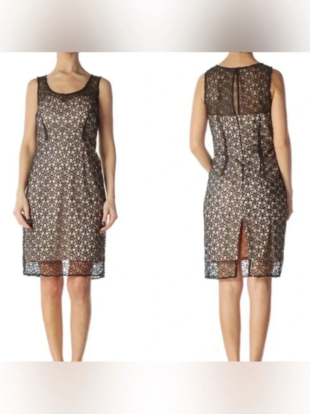 Ann Taylor Sz 12T Black Lace Overlay Midi Dress Nude Lining Sheer Lace Applique